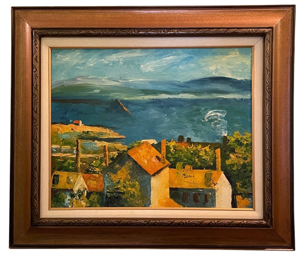 COASTAL LANDSCAPE OIL PAINTING ON BOARD: Late 20th-century, impressionist-style oil painting on board depicting coastal homes overlooking a body of water beneath a blue sky. Executed with brushwork in vivid blue, green, and ochre tones. No a