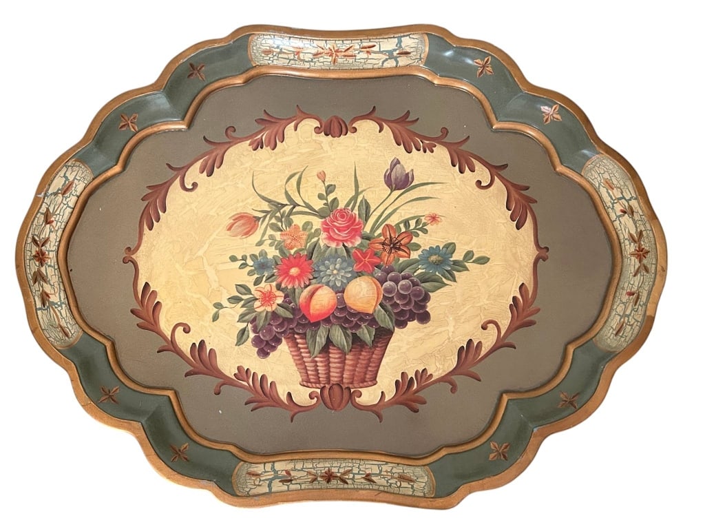 LARGE DECORATIVE TOLE TRAY FLORAL 31": Ornate hand-painted wooden tray featuring a central basket of vibrant flowers and fruit on a scalloped, crackle-finish edge. Measures approximately 31 inches long and 23" wide. Back shows minor wear.