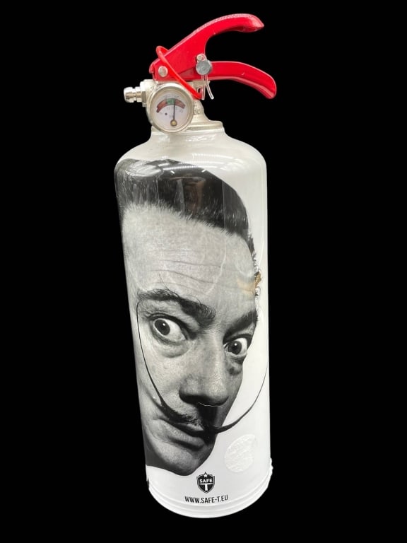DESIGNER DECOR SAFE-T FIRE EXTINGUISHER DALI 13": Decorative fire extinguisher featuring a surrealist face design inspired by Salvador Dal?. Includes red trigger and safety gauge. Approx. 13 inches tall. Comes with a protective gray pouch. For displa
