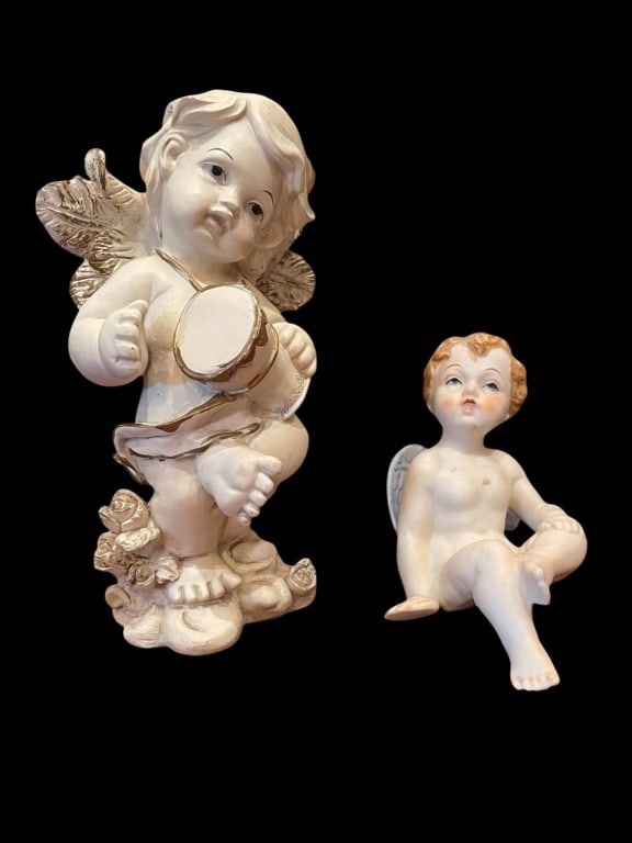 VINTAGE ANGEL AND CHERUB CERAMIC ANGEL FIGURINES 5: Two ceramic angel figurines. The standing angel holds a drum and measures approximately 5.5 inches tall. Both feature detailed wings and expressive faces. Ideal for collectors or decor.