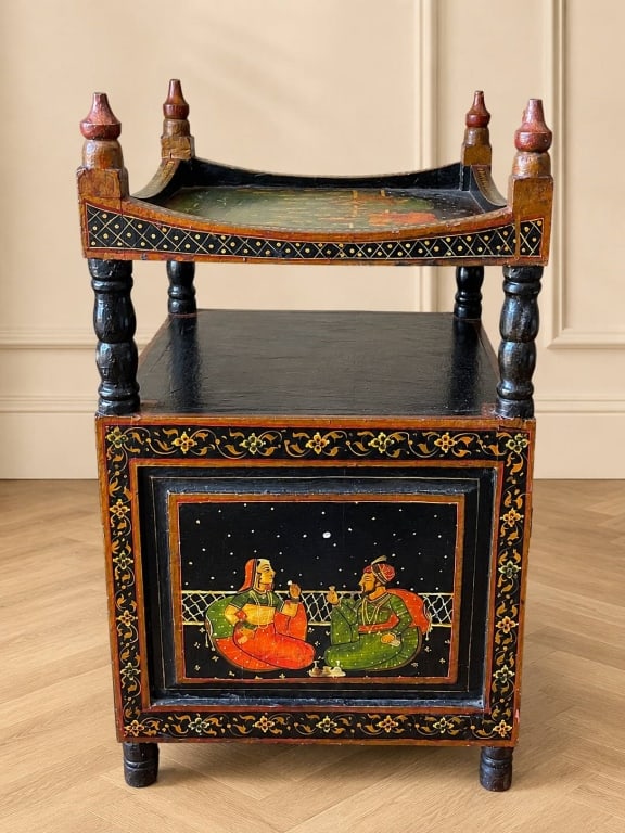PAINTED INDIAN STYLE BLACK LACQUER CABINET 24" (1 of 5)