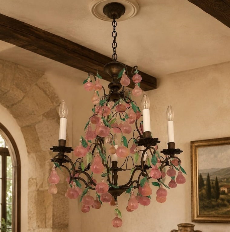 MURANO STYLE PINK ART GLASS FRUIT CHANDELIER 40": This vintage Italian chandelier features metal arms adorned with glass fruit and leaves, including pink and green accents. Elegant and whimsical, ideal for eclectic or traditional interiors. Approx. 4