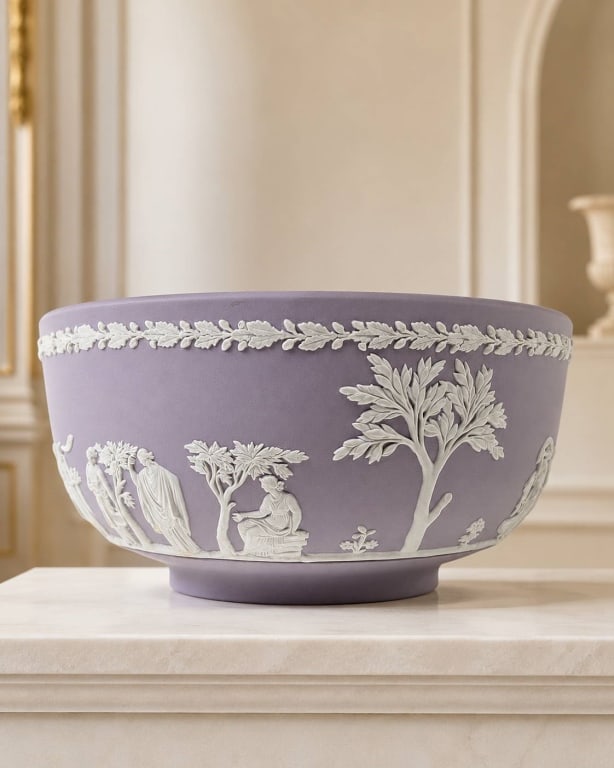 WEDGWOOD LILAC 'CERES' JASPERWARE BOWL ENGLAND 8": Wedgwood jasperware bowl featuring a mauve/lavender ground with pale raised neoclassical relief decoration, including classical figures, trees, leafy border, and the traditional ?Sacrifice to Ceres? m