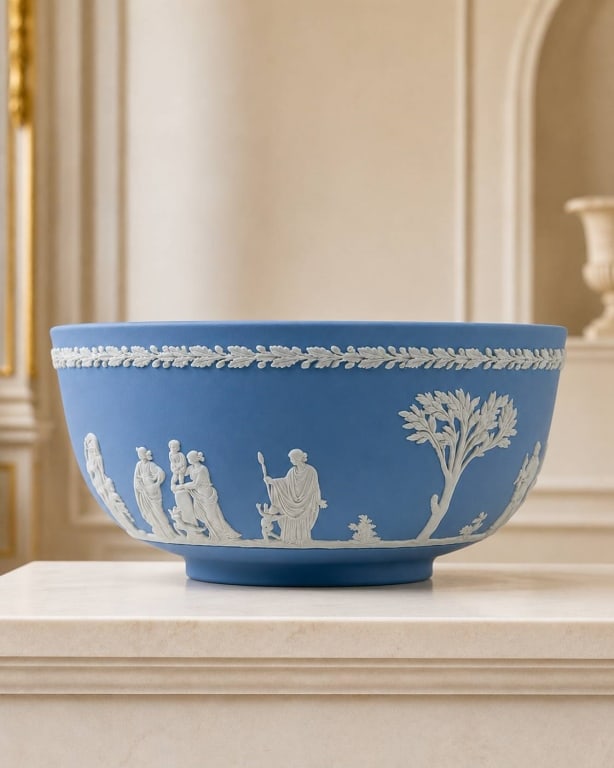 WEDGWOOD JASPERWARE BLUE "CERES" BOWL 8": Wedgwood jasperware bowl featuring a blue ground with pale raised neoclassical relief decoration, including classical figures, trees, leafy border, and the traditional ?Sacrifice to Ceres? motif. Cere