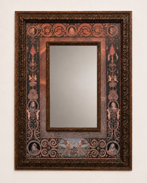 ORNATE RENAISSANCE REVIVAL STYLE WALL MIRROR 44": Rectangular wall mirror with elaborate carved wood frame featuring painted classical and religious motif portraits. Vibrant border surrounds glass. | | Measures approximately: 34" W x 44" H