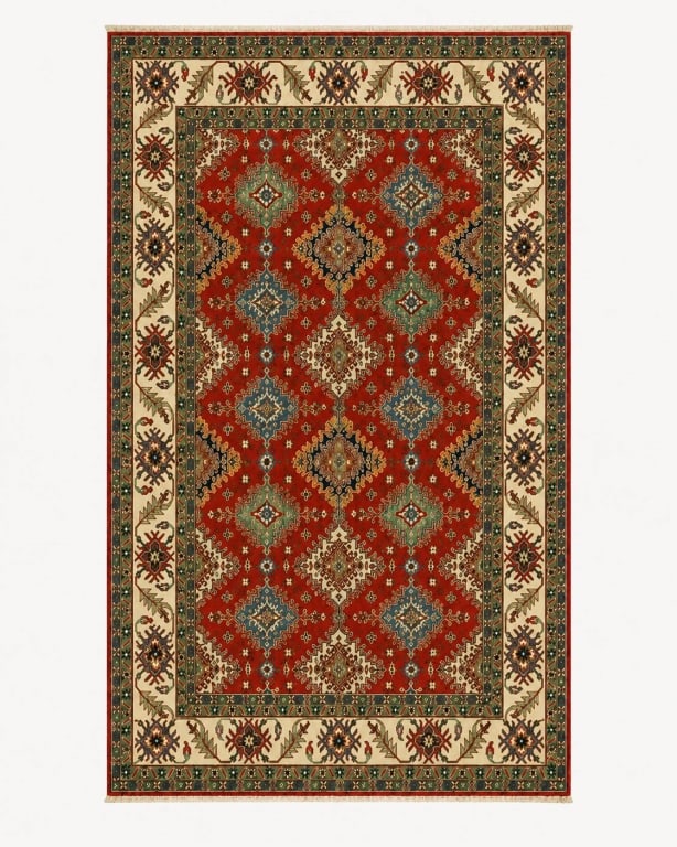 PERSIAN STYLE RED, IVORY & GREEN AREA RUG 119": Traditional Persian-style rectangular area rug featuring a richly patterned red central field with repeating geometric medallion motifs in blue, green, ivory, tan, and dark accent colors. The rug is f