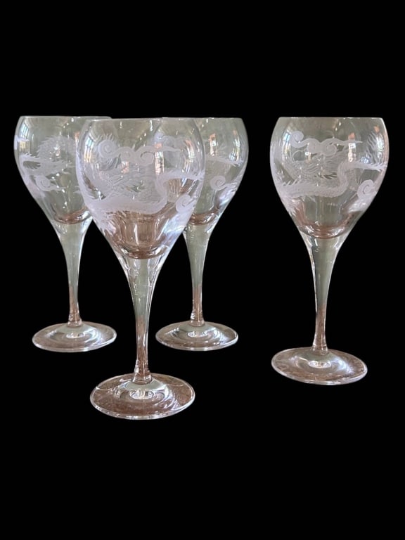 4 ETCHED DRAGON STEMMED FROSTED GLASSES 8": Set of 4 elegant stemmed wine glasses featuring frosted etched dragon designs with swirling cloud motifs, clear rounded bowls, slender stems, and round bases. Each glass is signed ?SC 2012,? offering 