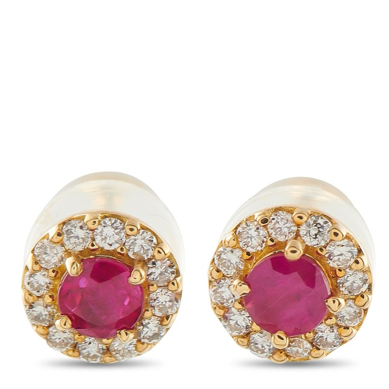 LB EXCLUSIVE 18K YELLOW GOLD 0.12CT DIAMOND AND RU: Add vintage charm to any ensemble with these luxury earrings. At the center of the 18K Yellow Gold settings, Rubies with a total weight of 0.30 carats provide the perfect pop of color. Diamonds totali