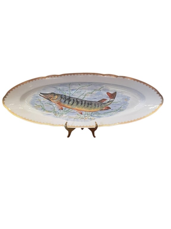 HAND-PAINTED FRENCH FISH PLATTER, GILT RIM 22" (1 of 6)