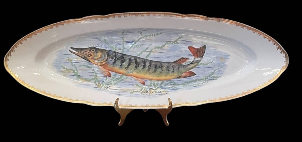 HAND-PAINTED FRENCH FISH PLATTER, GILT RIM 22" (1 of 8)