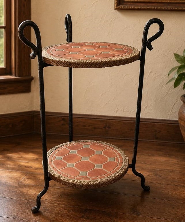 TWO-TIER MOSAIC TILE IRON STAND SHELF 24" (1 of 7)
