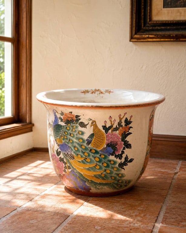 LARGE CERAMIC PLANTER WITH PEACOCK DESIGN 15": This striking large ceramic planter features a colorful hand-painted peacock among blooming flowers. The pot showcases detailed, vibrant artistry reminiscent of traditional Asian motifs. Ideal for ind