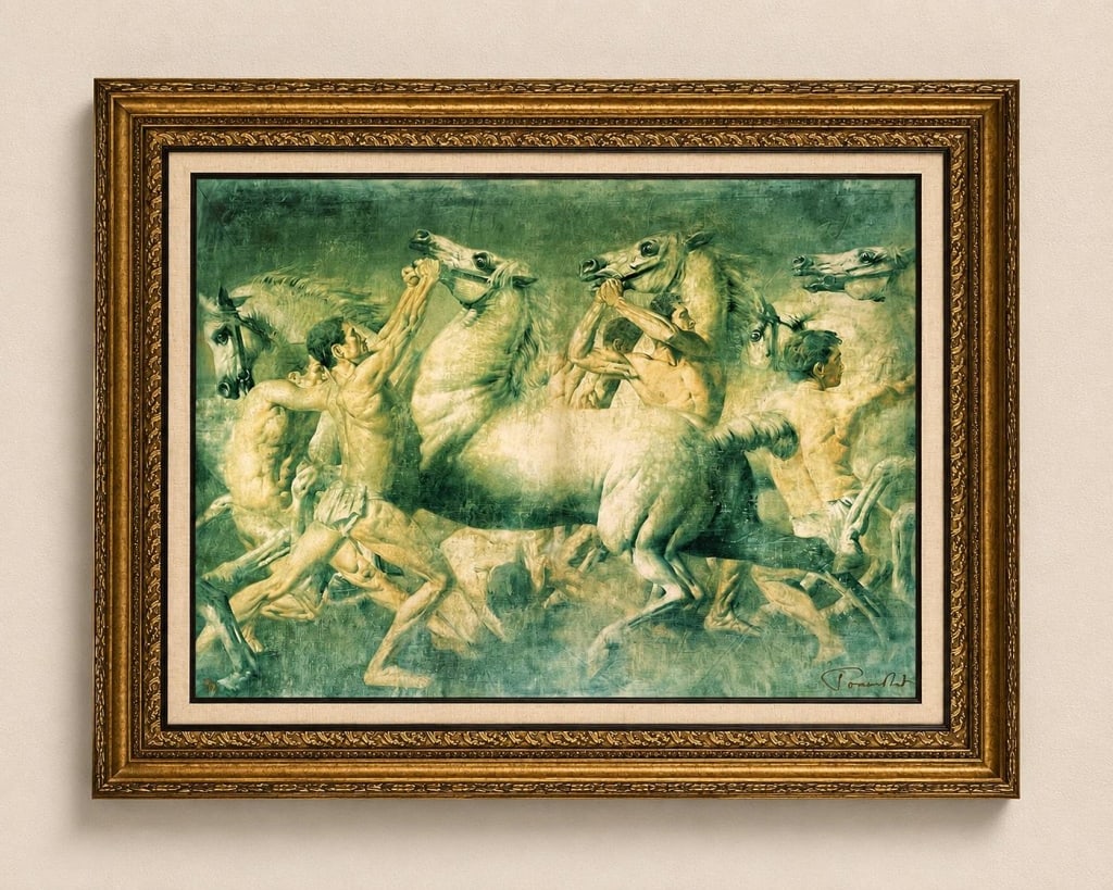 TOMASZ RUT FRAMED GICLEE EQUESTRIAN OIL PAINTING 6: Striking large Tomasz Rut oil painting, "Ferocitas" depicting muscular figures restraining white horses. The painting depicts well-muscled, athletic figures attempting to control rearing white stallio