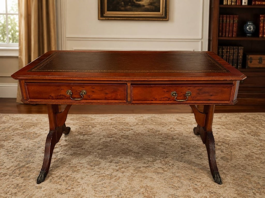 VINTAGE MAHOGANY LEATHER-TOP WRITING DESK 47" (1 of 7)