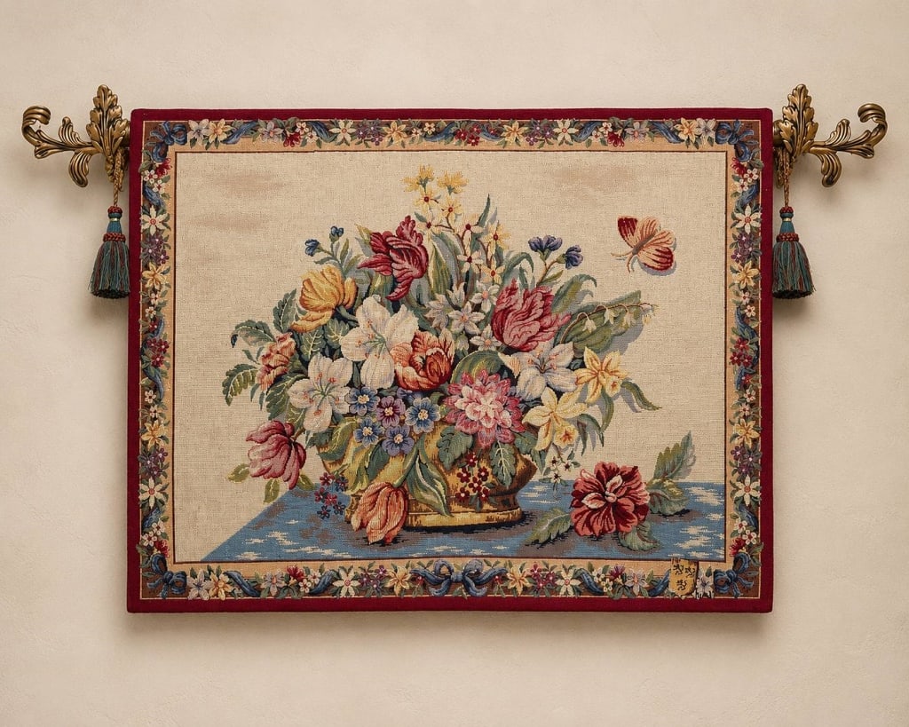 VINTAGE FLORAL WALL TAPESTRY WITH ORNATE ROD 46" (1 of 5)