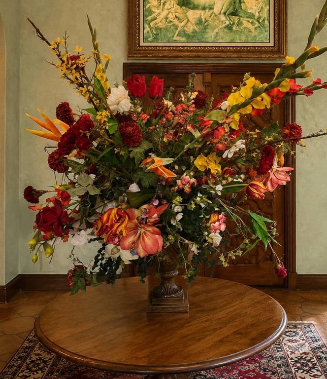 LARGE SILK FLORAL ARRANGEMENT 48X40" & METAL VASE (1 of 5)