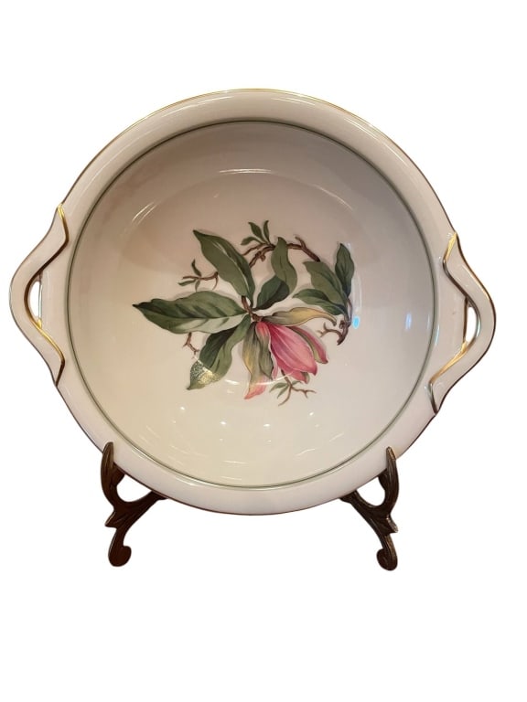 FRANCONIA KRAUTHEIM SELB BAVARIA GERMANY PORCELAIN: Blossoms of the Spring Porcelain serving bowl by Franconia Krautheim, measuring approx. 9 inches wide. Features a floral motif with pink flower and green leaves, gold trim on rim and handles, marked o