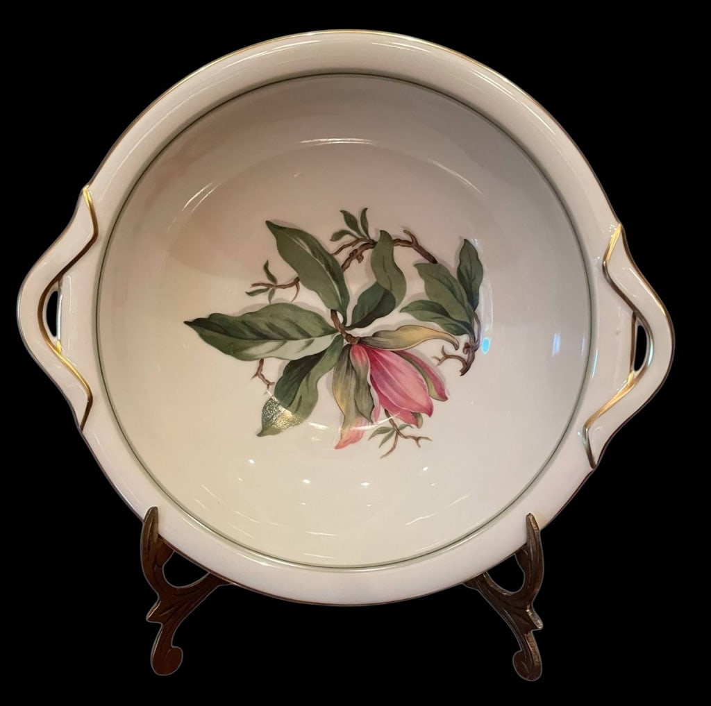 FRANCONIA KRAUTHEIM SELB BAVARIA GERMANY PORCELAIN: Blossoms of the Spring Porcelain serving bowl by Franconia Krautheim, measuring approx. 9 inches wide. Features a floral motif with pink flower and green leaves, gold trim on rim and handles, marked o
