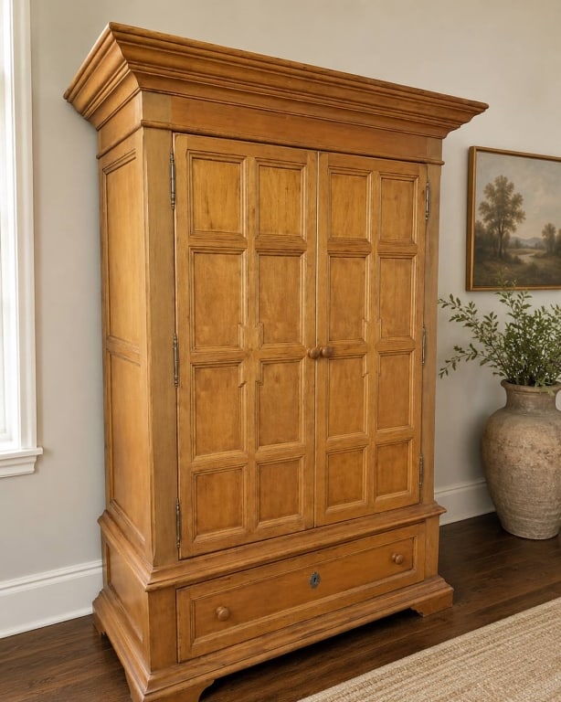 SOLID WOOD ENTERTAINMENT ARMOIRE CABINET 77.5": Handsome solid wood armoire featuring paneled double doors, a spacious lower drawer, and interior shelving. Designed for entertainment storage, it includes space for electronics. Classic crown molding