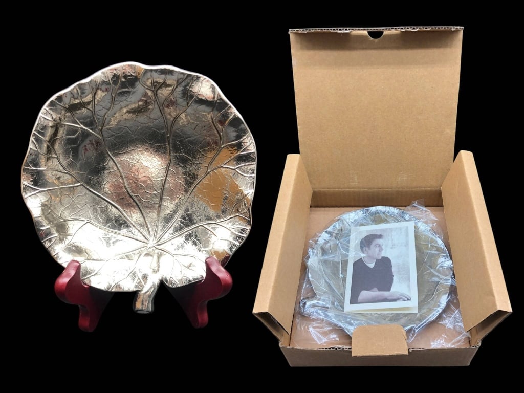 MICHAEL ARAM NICKEL LEAF DISH WITH BOX & PHOTO 8" (1 of 7)