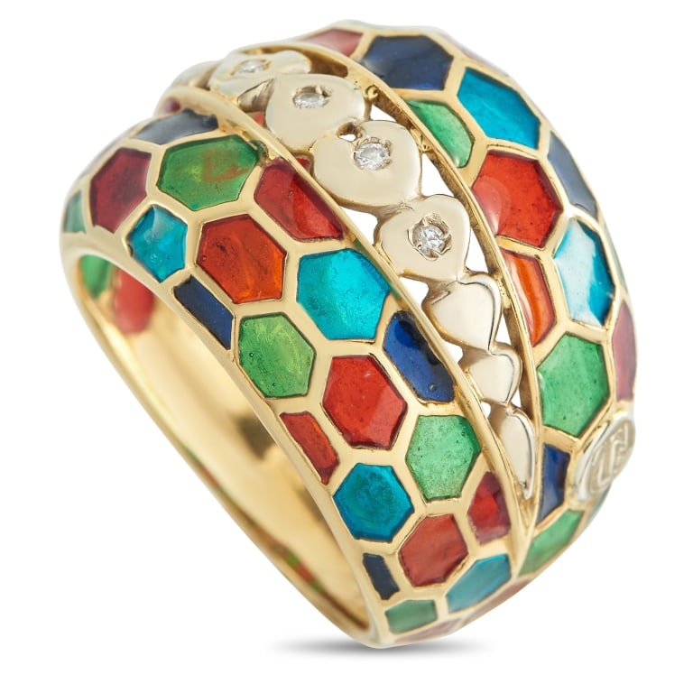 LB EXCLUSIVE 18K YELLOW GOLD DIAMOND AND ENAMEL RI: Enamel accents fill this ring with a rainbow of color. Set in 18K Yellow Gold, the central design is elevated by cut-out details and sparkling Diamond accents. It features a 5mm wide band and a 7mm to