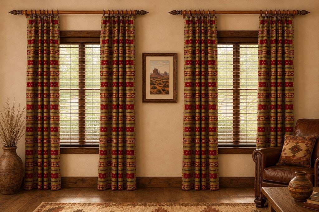 PAIR SOUTHWEST AZTEC PATTERN CURTAINS W/ ROD 10': Curtains featuring a Southwest Aztec pattern in earthy tones and red accents. Each panel measures approximately 10' tall. Includes matching decorative wooden rod with arrowhead finials. Excellent rust