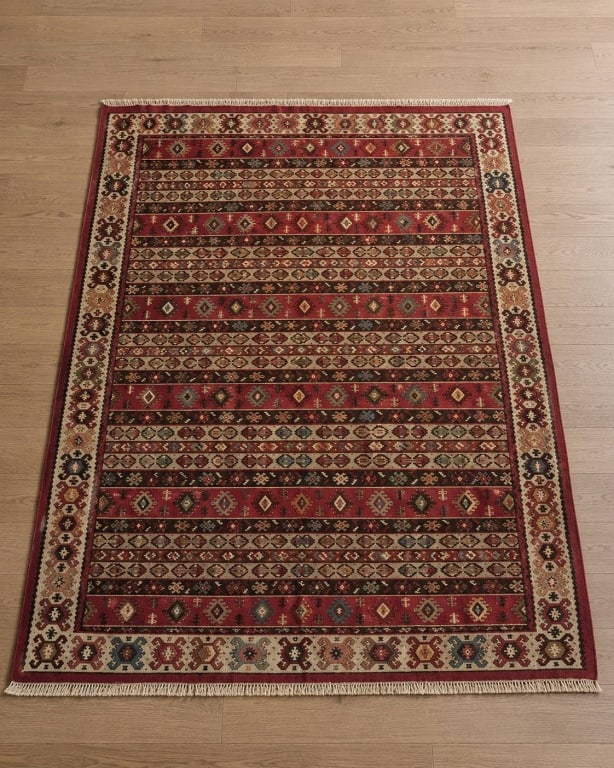 VINTAGE HANDWOVEN KILIM RUG GEOMETRIC 6' X 8': Handwoven kilim rug, measuring approximately 6' x 8'. Features vibrant geometric patterns in red, cream, brown, blue, and yellow. The rug includes fringed edges and shows visible wear, including a not