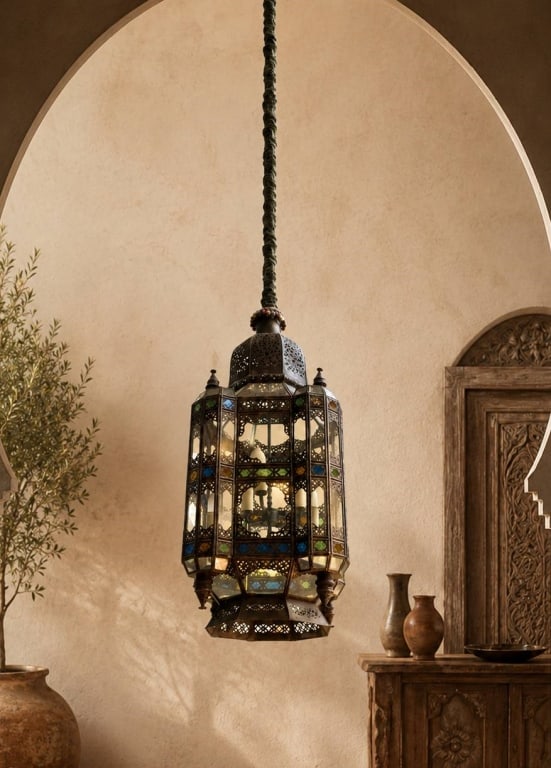 LARGE MOROCCAN STYLE STAINED GLASS LANTERN: Impressive hanging lantern featuring intricate metalwork and multi-colored stained glass panels. This large Moroccan style fixture is ideal for adding exotic flair to interiors. | Dimensions of Lanter