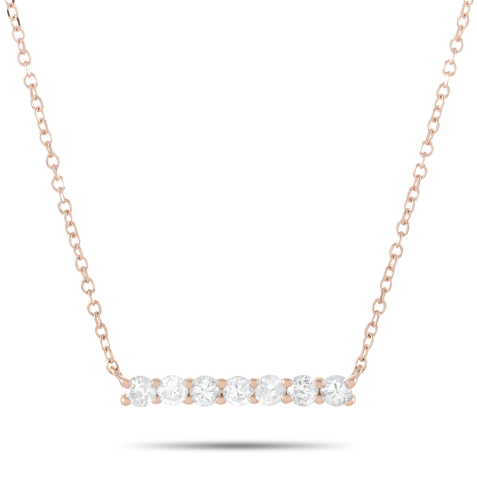 LB EXCLUSIVE 14K ROSE GOLD 0.25 CT DIAMOND PENDANT: This LB Exclusive necklace is crafted from 14K rose gold and weighs 1.4 grams. It is presented with a 15 chain and boasts a pendant that measures 0.13 in length and 0.50 in width. The necklace is set 