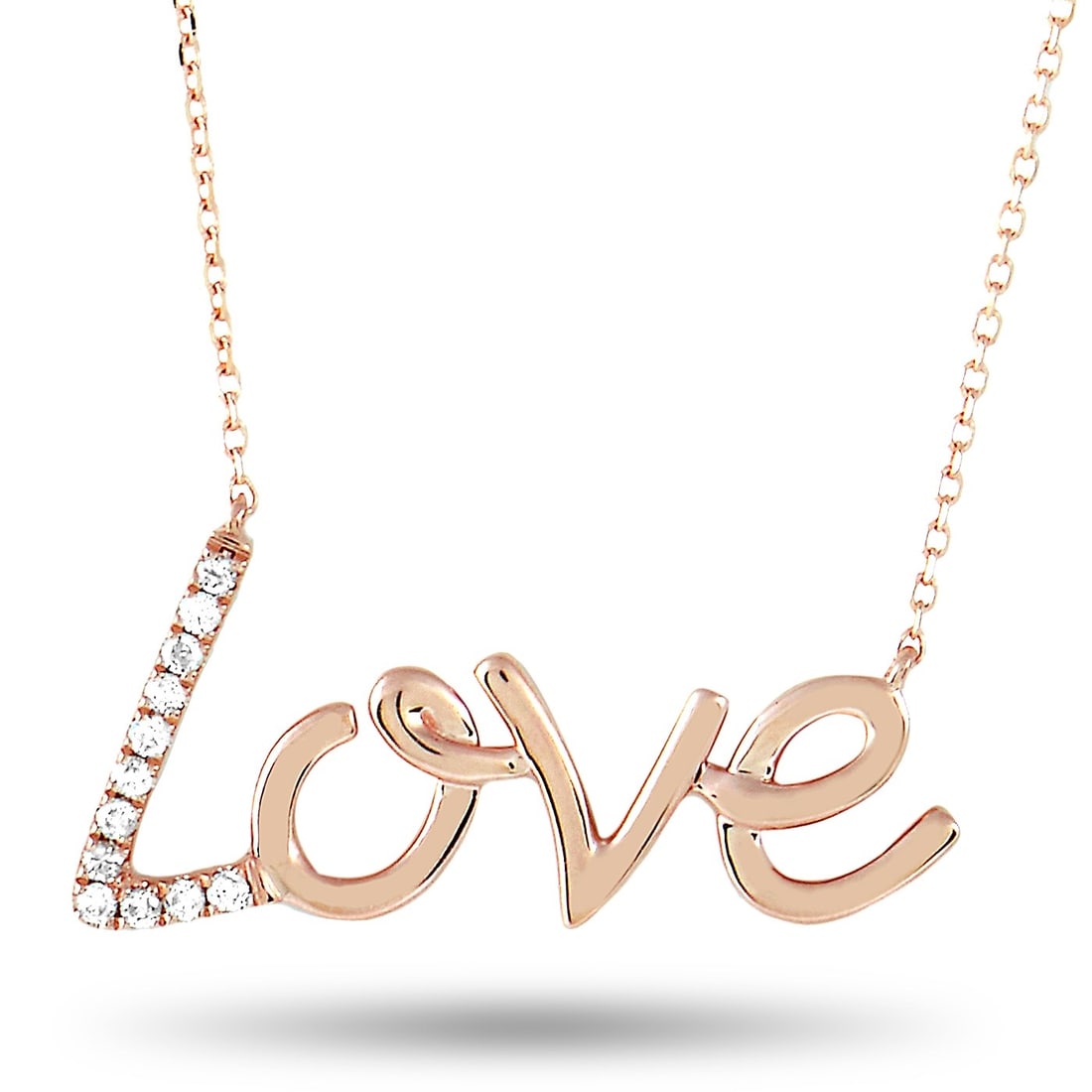 LB EXCLUSIVE 14K ROSE GOLD 0.10 CT DIAMOND LOVE PE: This LB Exclusive necklace is made of 14K rose gold and embellished with diamonds that amount to 0.10 carats. The necklace weighs 3.1 grams and boasts a 14 chain and a love pendant that measures 1 in 