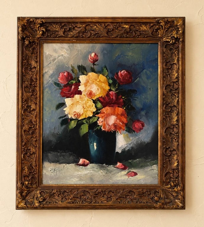 OIL PAINTING STILL LIFE FLORAL FRAMED 26": Ornate framed oil painting featuring a bouquet of roses in a blue vase. The colors are vibrant, with reds, yellows, and oranges against a deep blue background. Frame shows detailed carving and some we