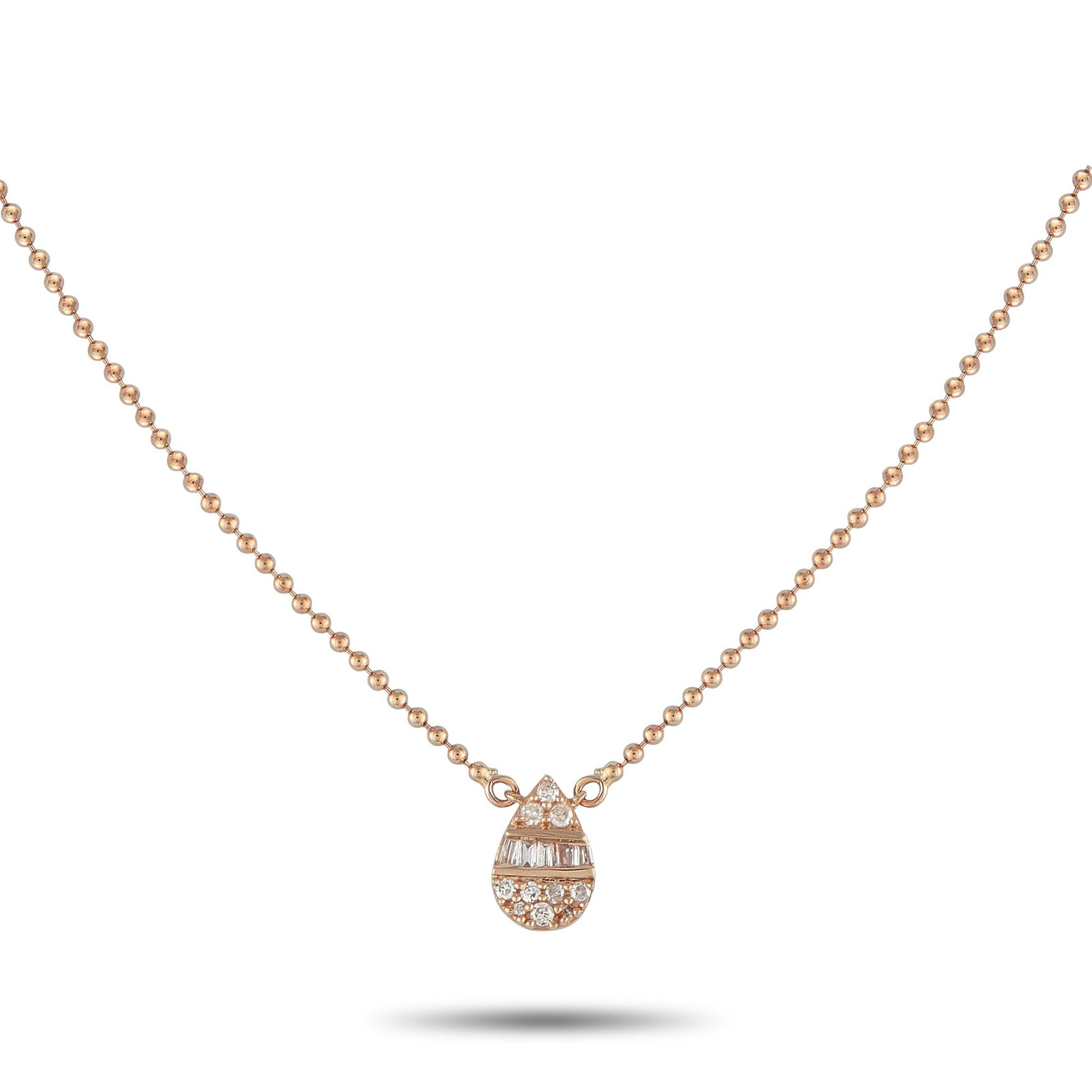 LB EXCLUSIVE 14K ROSE GOLD 0.11CT DIAMOND NECKLACE: You'll find yourself reaching for this necklace daily. Crafted for comfort and versatility, it features a fine and lightweight ball chain holding a pear-shaped cluster pendant of round and baguette di