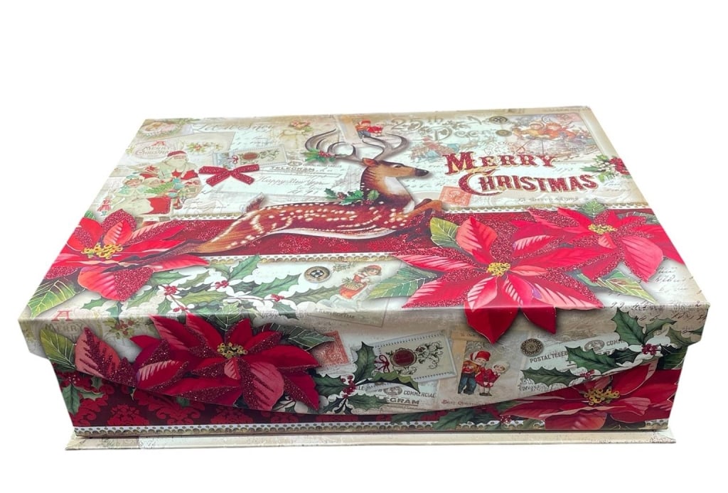 MERRY CHRISTMAS DECORATIVE GIFT BOX SET 13": Festive hinged box with reindeer and poinsettia design, measuring approximately 13 x 9 x 4 inches. Includes holiday items: angel ornament, cards, and seasonal accessories. Perfect for gift-giving or h