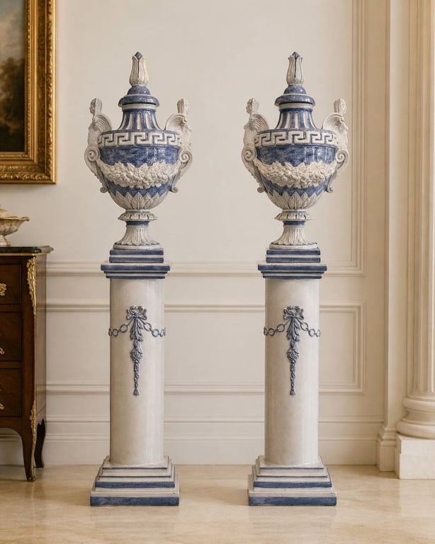 PALACE SIZE PAIR NEOCLASSICAL PEDESTAL URNS 77" (1 of 15)