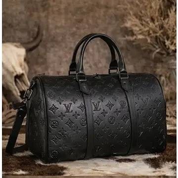 UPCYCLE LV DESIGNER WEEKENDER BAG: Elevate your everyday style with this upcycled designer handbag. Featuring a sleek black embossed monogram design, luxe hardware, and a structured silhouette?this piece blends timeless style with mode