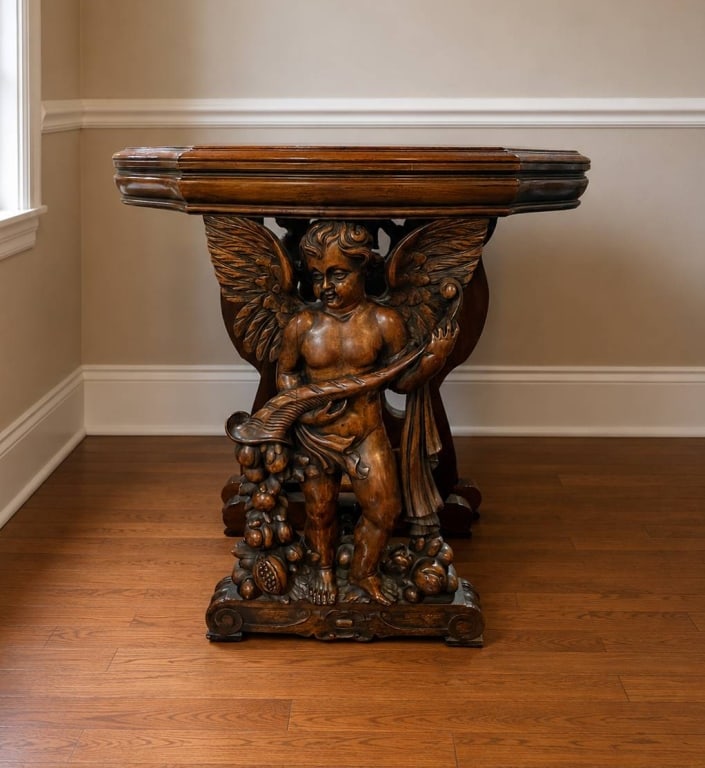 PAIR CARVED WOODEN CHERUB CONSOLE TABLES 25" (1 of 9)