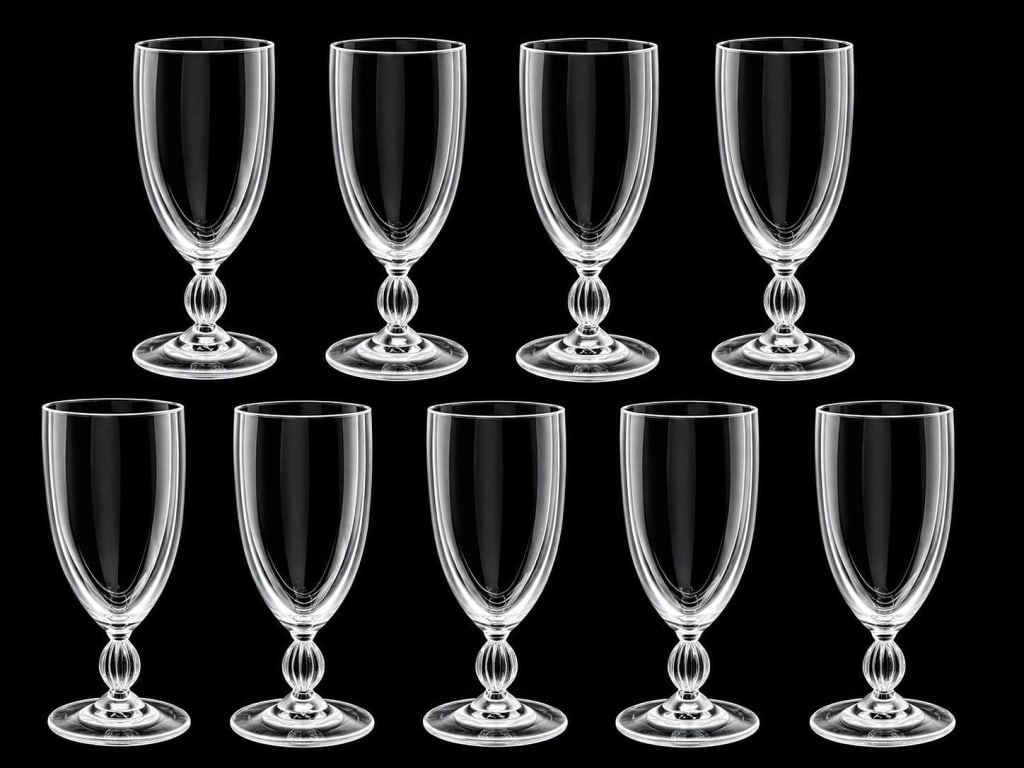 LALIQUE FREJUS FRENCH CRYSTAL WINE GLASSES 9 PC: 9 Lalique Frejus Crystal glasses. Each glass is made from clear glass, standing approximately 6 inches tall with a bowl diameter of about 2.5 inches.