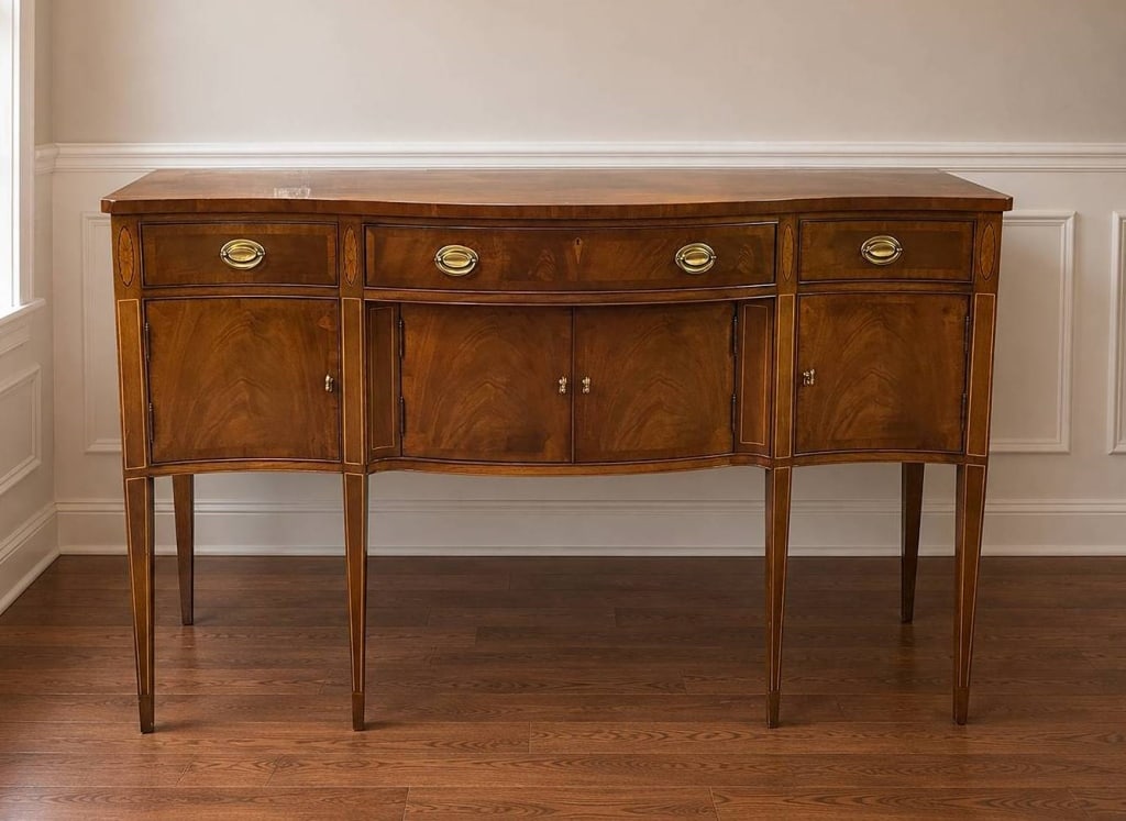 VINTAGE MAHOGANY HICKORYJAMES RIVER WOOD VENEER 67: This is a Hickory Chair Chippendale style sideboard from the Historical James River Plantation Collection, featuring banded flame mahogany and burl wood veneer. cabinet doors for ample storage. Measur
