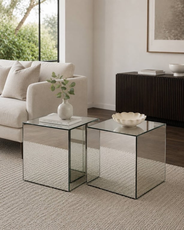 PAIR OF MODERN MIRRORED CUBE TABLES 17" (1 of 5)
