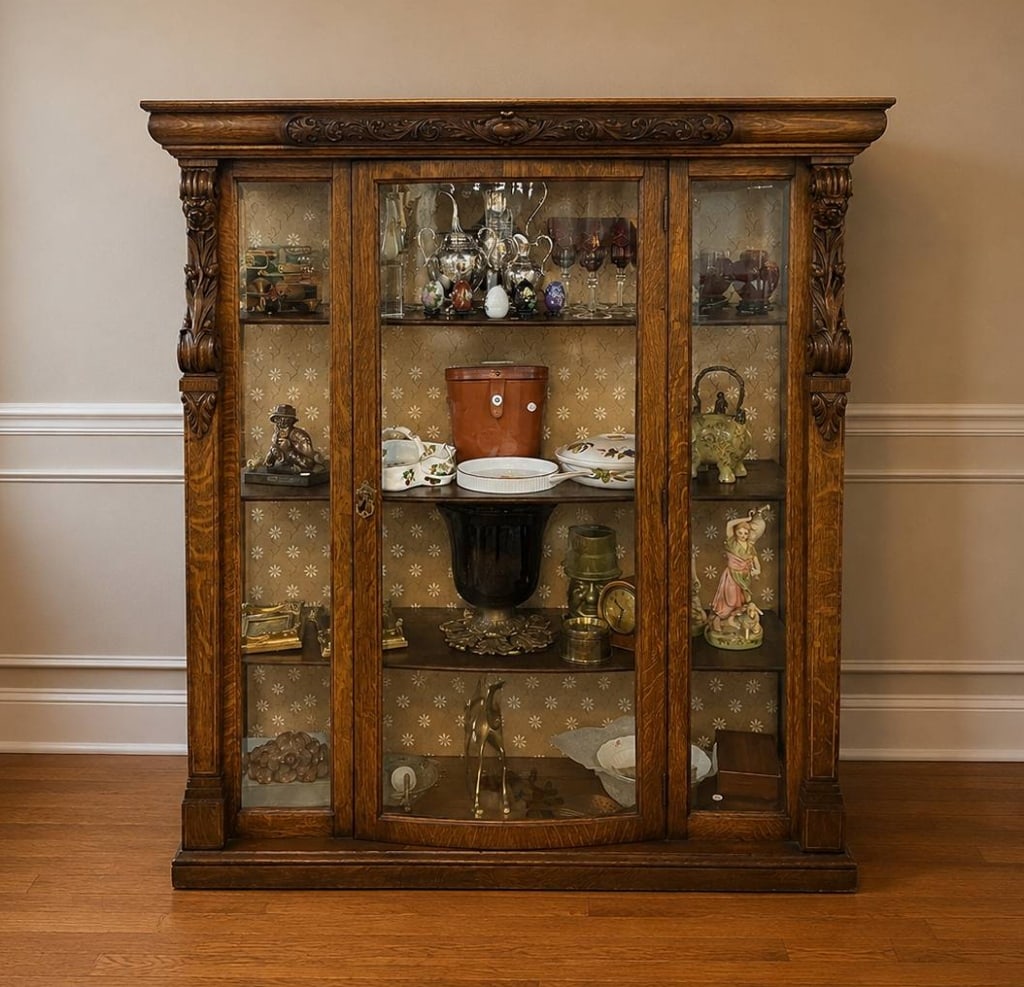 ANTIQUE OAK CHINA CABINET W/ GLASS DOORS 63": This antique oak china cabinet features detailed carved wood, glass doors, and four interior shelves for display. It measures approximately 63 inches in height, 49 inches in width, and 16 inches in de