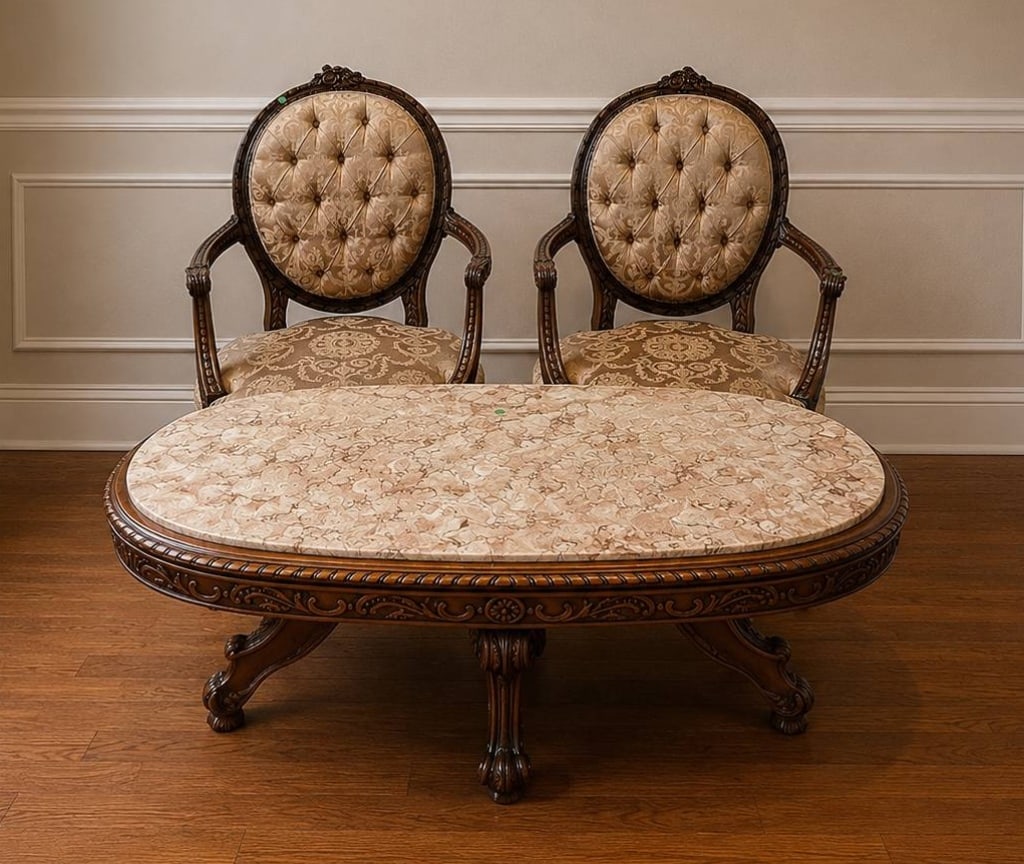 WALNUT LOUIS XVl STYLE CHAIRS & MARBLE TABLE SET (1 of 13)