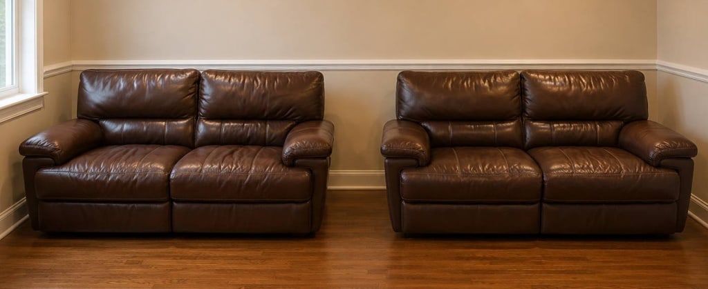 PAIR OF BROWN LEATHER RECLINER SOFAS 81" (1 of 7)