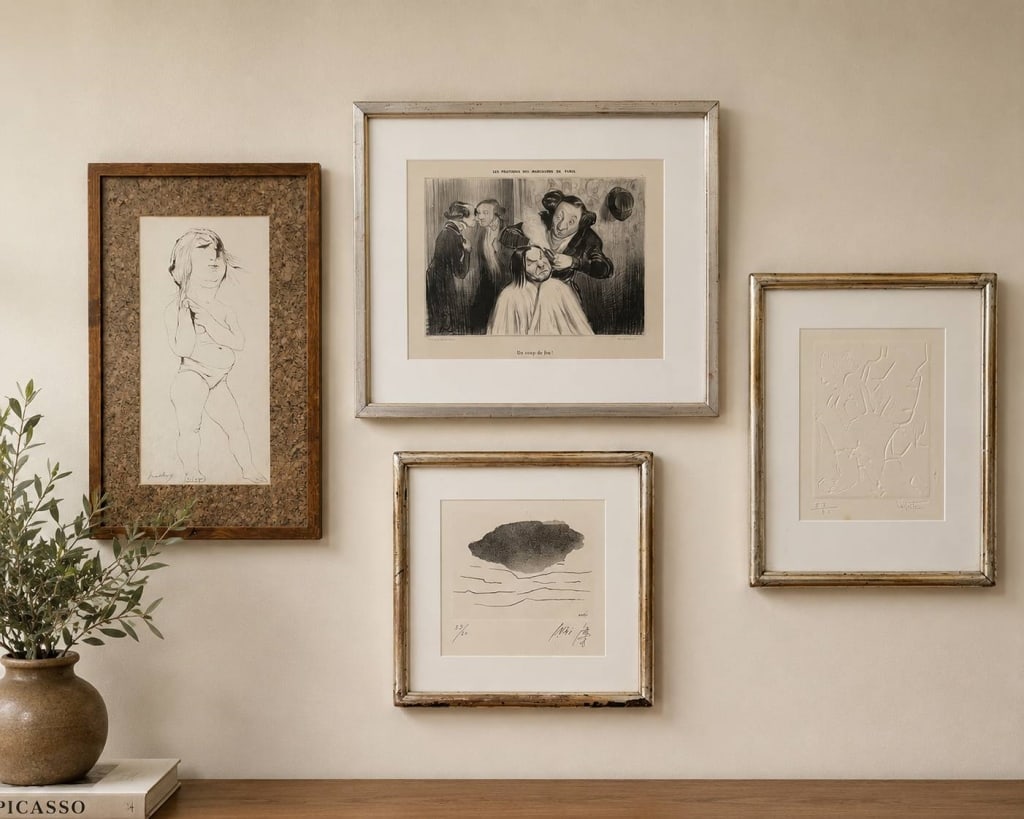 LITHO, ETCHING, ENGRAVING, & DRAWING 4 PC ART LOT: Four framed art pieces on paper including: a lithograph by Honor? Daumier (French: 1808-1879) titled 'Un coup de feu', a signed and numbered engraving by,Toshimitsu Imai (Japenese: 1928?2002), a signe
