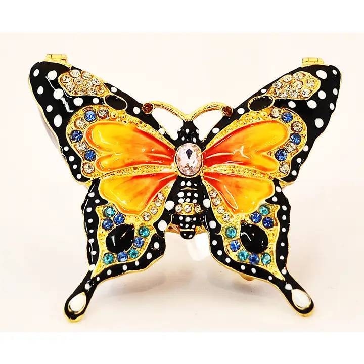 Jay Strongwater Style Butterfly Trinket Box: Butterfly Trinket Box with Monarch Coloration. Hand-done with Swarovski Crystals & Beautiful Morach Coloration Enamel. | | The colorful butterfly trinket box is a unique design. Hand made by an