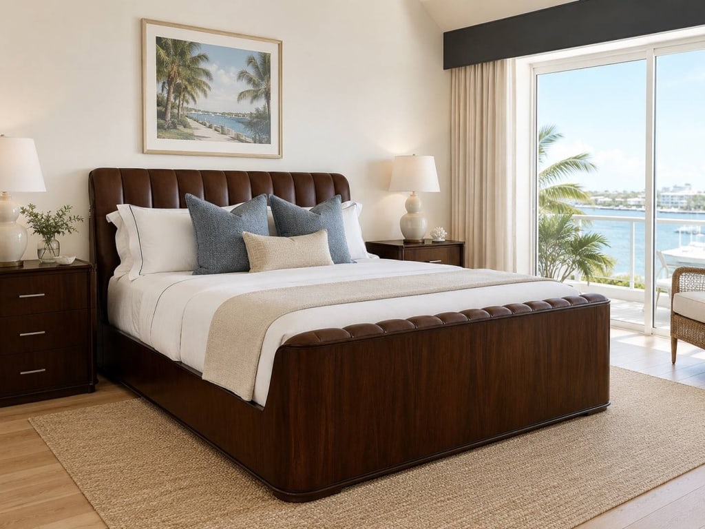 RALPH LAUREN "METROPOLIS" KING SIZE FRAME 80": Exquisite Ralph Lauren king size bed frame from the Modern Metropolis collection. The series is defined by its polished design, rich dark wood finishes, tailored leather details, and refined Art Deco