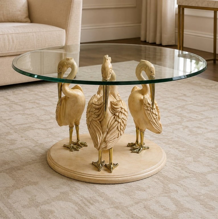 SCULPTURAL HERON GLASS TOP COFFEE TABLE 41": Elegant coffee table featuring a round glass top supported by three sculptural heron figures on a round base. The herons have intricate detailing and metallic highlights, combining artistry and