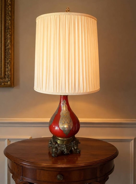 VINTAGE RED ENAMELED PORCELAIN LAMP WITH SHADE 37" (1 of 13)