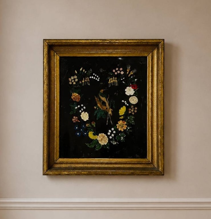 VINTAGE AMERICAN FOLK ART FRAMED 20": Vintage American Folk art featuring a central bird surrounded by detailed flowers on a black background. Set in a substantial ornate gilt wood frame, measuring approximately 20 X 18 inches including f