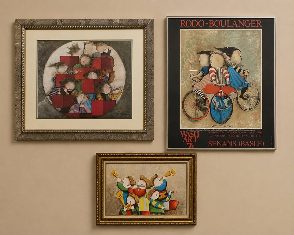 3 PC WALL ART FRAMED ROYBAL & BOULANGER 36": Three framed artworks. 1 framed original acrylic or oil painting on canvas by artist Joyce Roybal 20 x 23 . 1 framed Graciela Rodo Boulanger art poster for the 1976 Washington International Art Fair 2