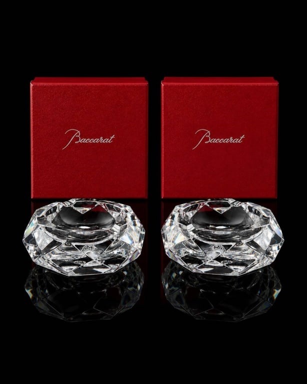 SET OF 2 BACCARAT CRYSTAL ASHTRAYS W/ BOXES 3.5": Elegant pair of smaller-size Baccarat clear crystal ashtrays, each featuring a heavy faceted geometric form with brilliant light refraction, polished beveled edges, and classic luxury French crystal p
